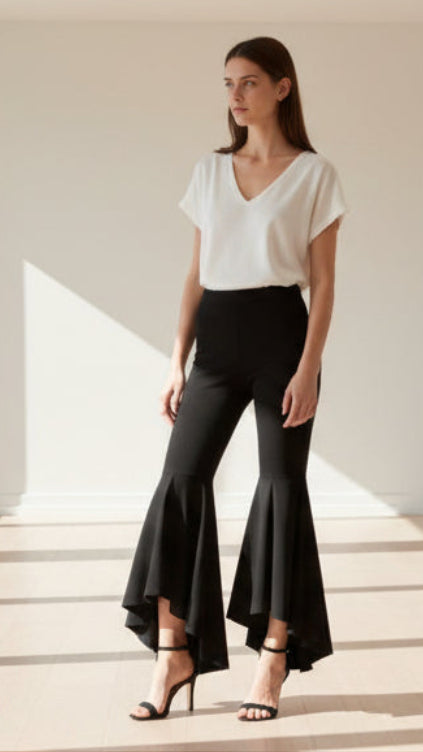 Pantalone Dery A Zampa Nera Con Taglio Svasato E Balza Asimmetrica Elegante Taglie 38–60