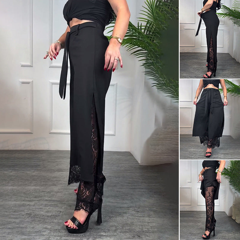 Lacera™ – Elegant Wide-Leg Trousers with Sheer Lace Insert