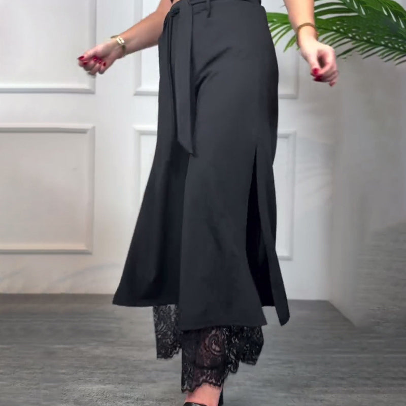 Lacera™ – Elegant Wide-Leg Trousers with Sheer Lace Insert