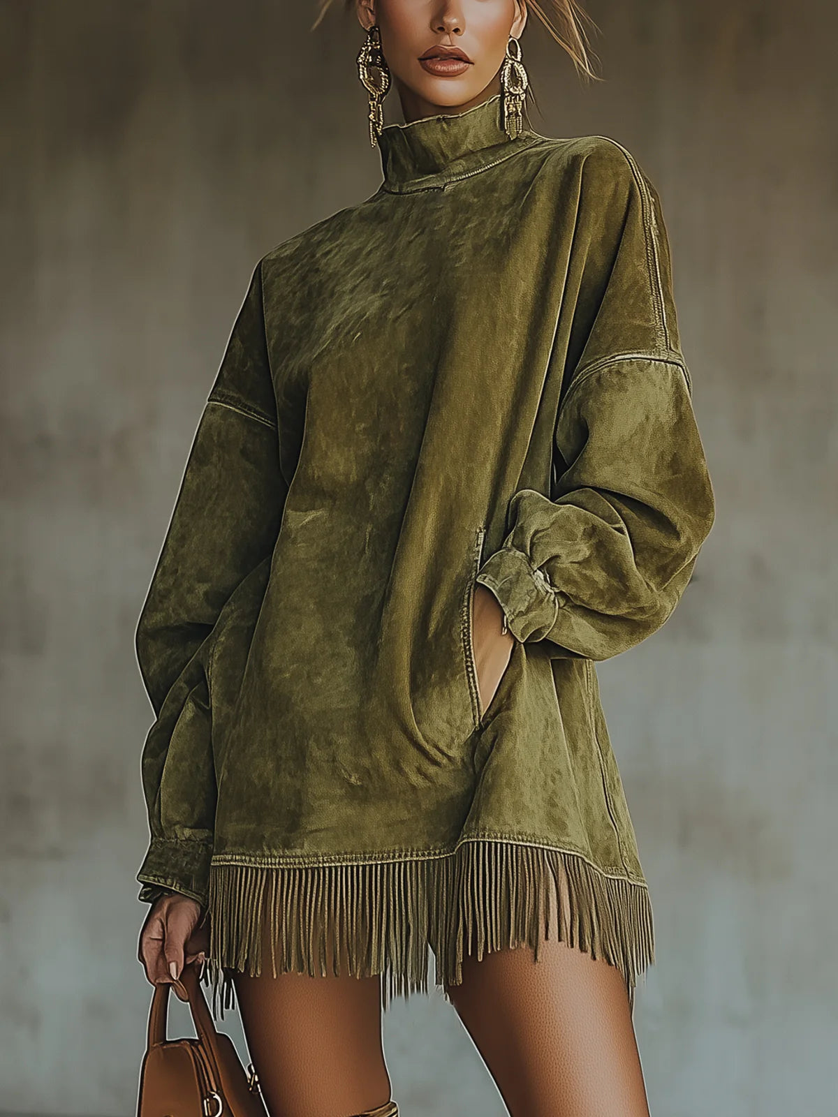 Janine™ - Langärmeliges Minikleid mit Fransen
