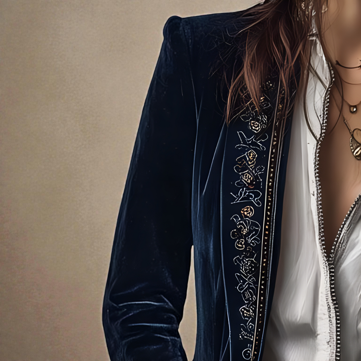 Carita™ - Lange Vintage-Jacke aus Marineblauem Samt mit Stickerei