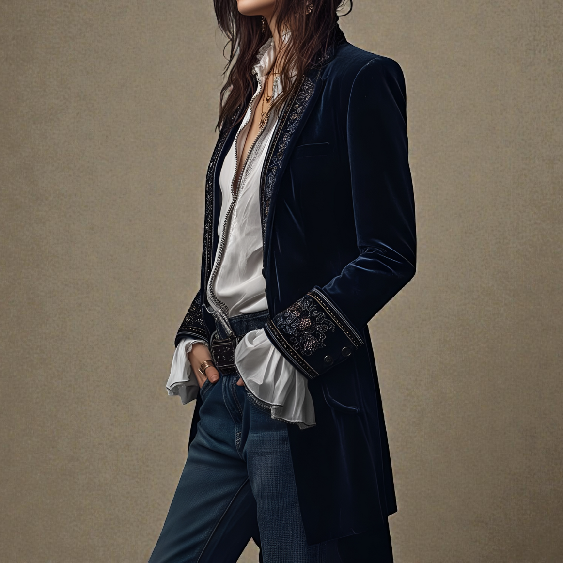 Carita™ - Lange Vintage-Jacke aus Marineblauem Samt mit Stickerei