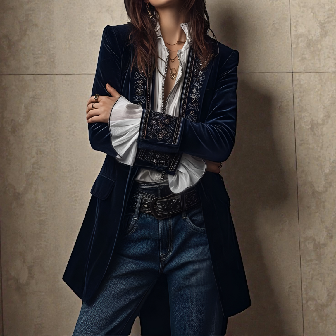 Carita™ - Lange Vintage-Jacke aus Marineblauem Samt mit Stickerei