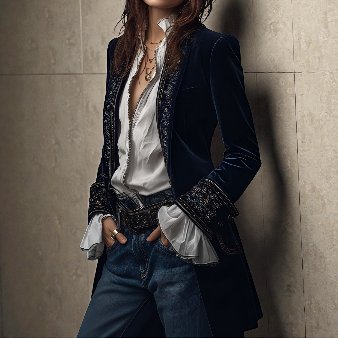 Carita™ - Lange Vintage-Jacke aus Marineblauem Samt mit Stickerei
