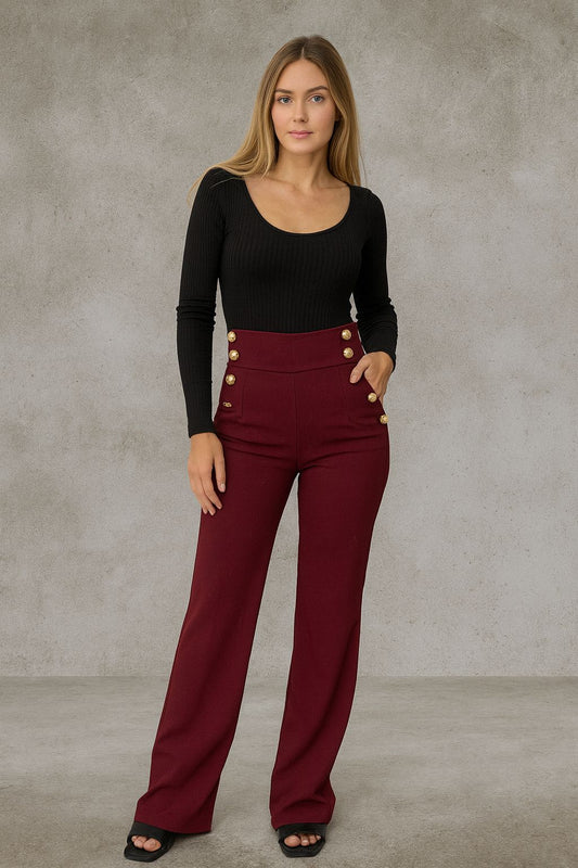 Pantalones Madrid de cintura alta con botones dorados, elegantes y versátiles, de poliéster, hechos en Italia – Tallas 38–60
