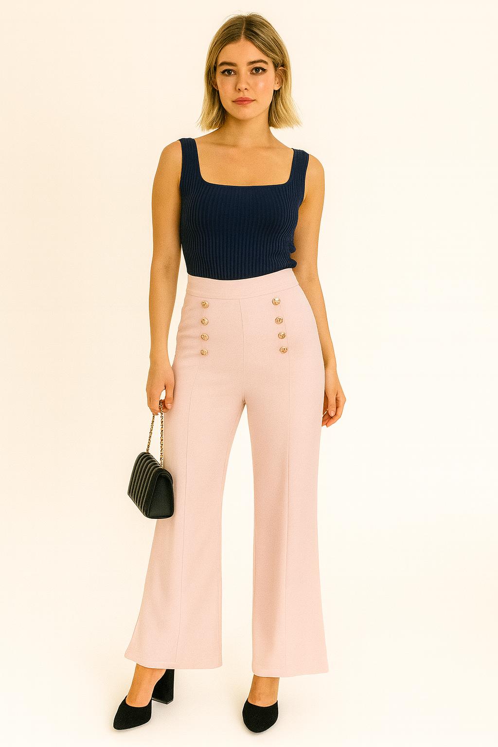Carlina Pink Trousers with Gold Buttons, Elegant and Feminine, Slimming Effect – Sizes 38–60