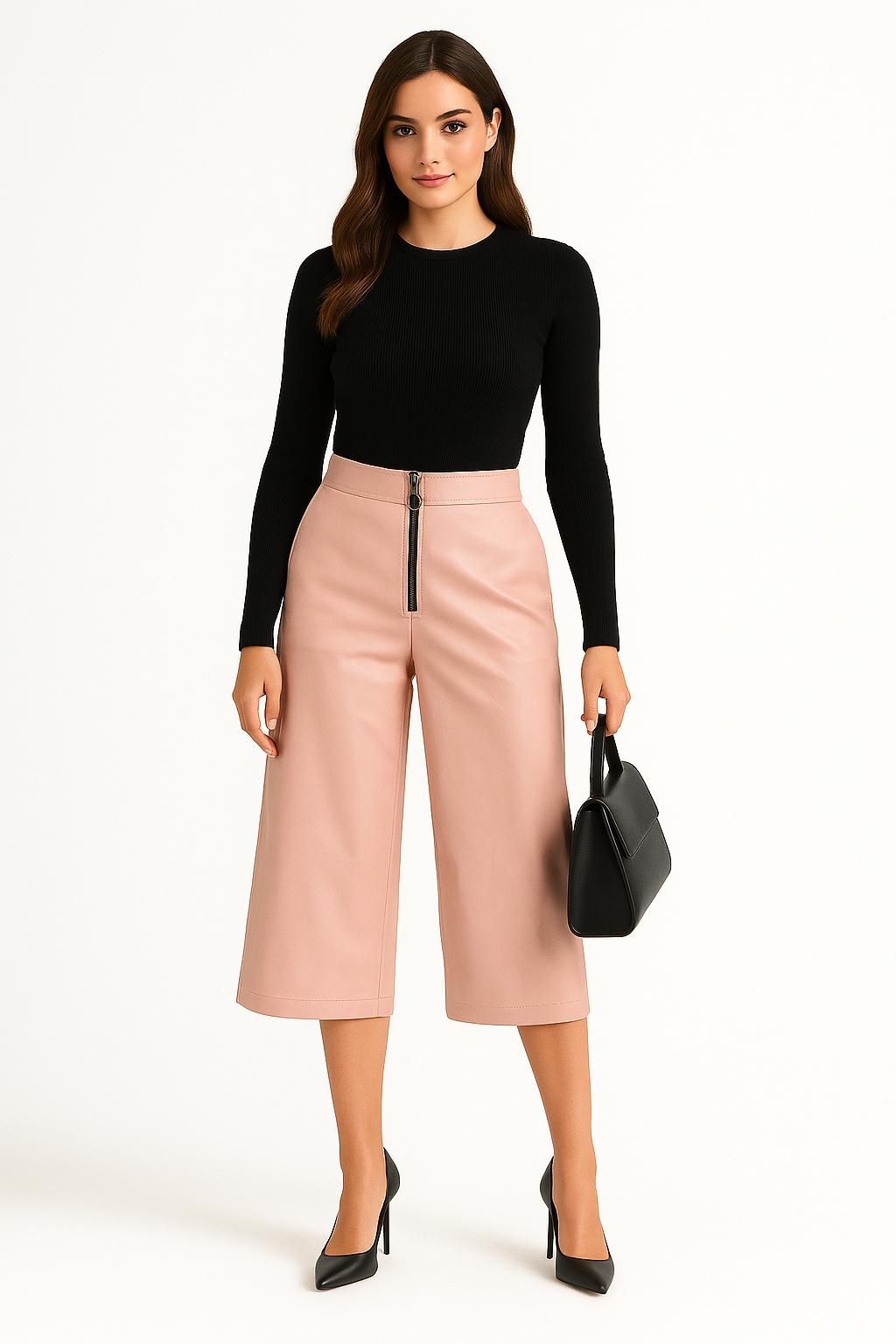 Pantalón Ancho D2/6 Ecopiel Rosa Cipria Moderno Fabricado en Italia Cómodo Tiro Alto Tallas 38–60