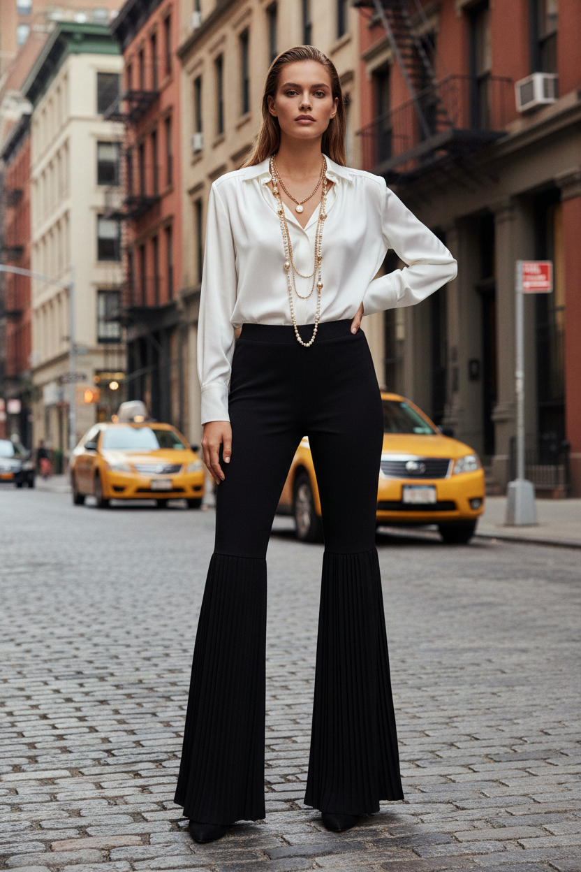 Pantalón-Leggings Con Detalle Plisado Negro Elástico Cómodo Tallas 38–60