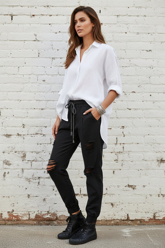 Pantalón TIRAYA Negro | 100% Algodón | Hecho en Italia D7/8